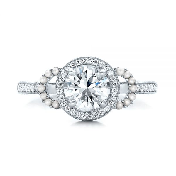 14k White Gold Custom White Pearl And Diamond Halo Engagement Ring - Top View - 102162