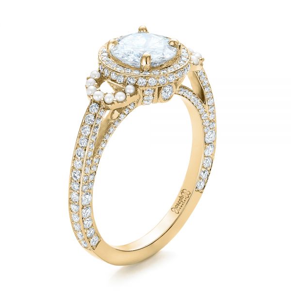 18k Yellow Gold 18k Yellow Gold Custom White Pearl And Diamond Halo Engagement Ring - Three-Quarter View -  102162