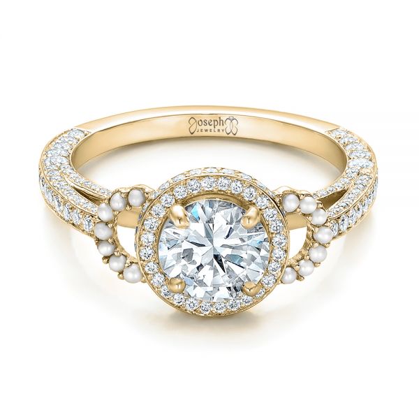 14k Yellow Gold 14k Yellow Gold Custom White Pearl And Diamond Halo Engagement Ring - Flat View - 102162