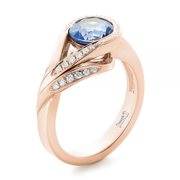 18k Rose Gold 18k Rose Gold Custom Wrapped Blue Sapphire And Diamond Engagement Ring - Three-Quarter View -  102357