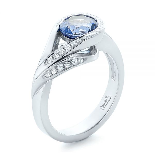 14k White Gold Custom Wrapped Blue Sapphire And Diamond Engagement Ring - Three-Quarter View -  102357