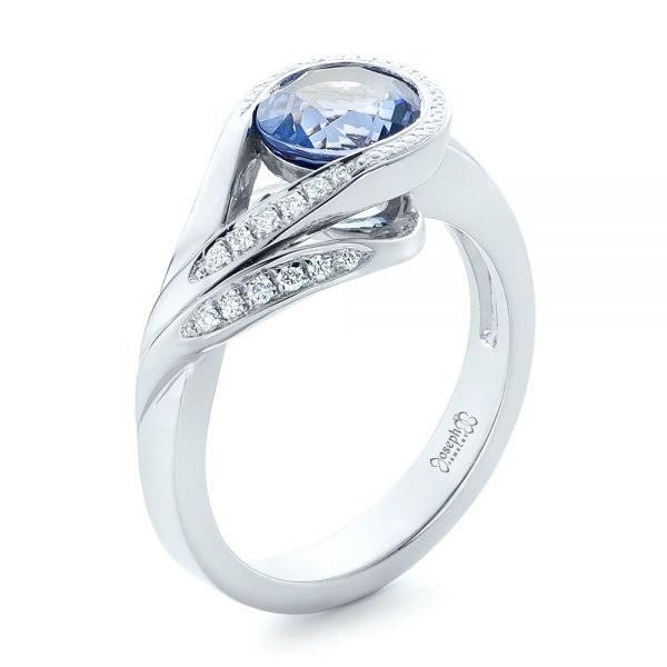 18k White Gold 18k White Gold Custom Wrapped Blue Sapphire And Diamond Engagement Ring - Three-Quarter View -  102357