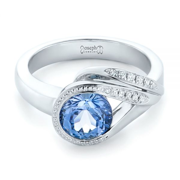 14k White Gold Custom Wrapped Blue Sapphire And Diamond Engagement Ring - Flat View - 102357