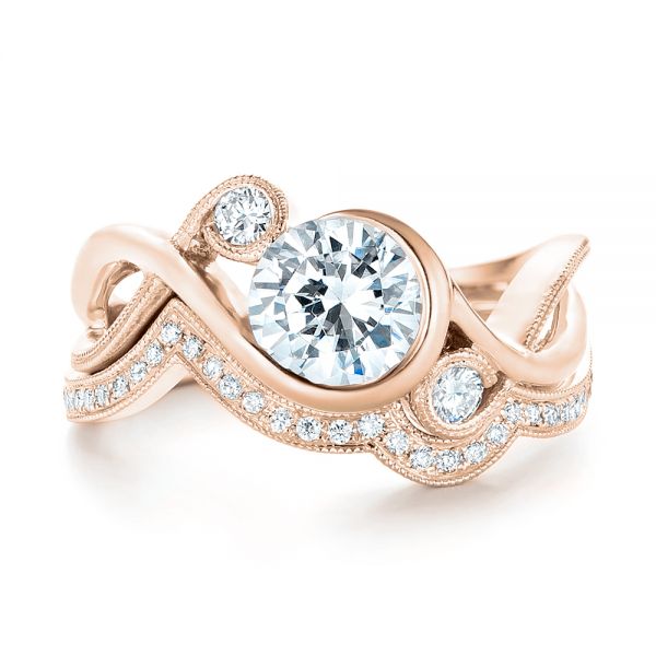 18k Rose Gold 18k Rose Gold Custom Wrapped Three-stone Diamond Engagement Ring - Top View -  102866