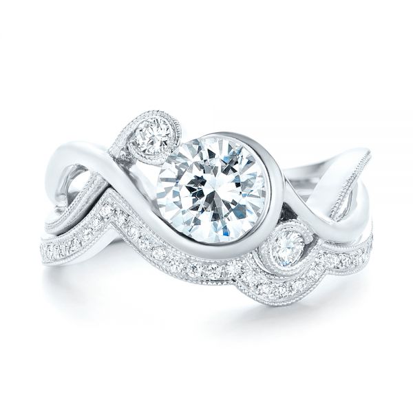 14k White Gold Custom Wrapped Three-stone Diamond Engagement Ring - Top View -  102866