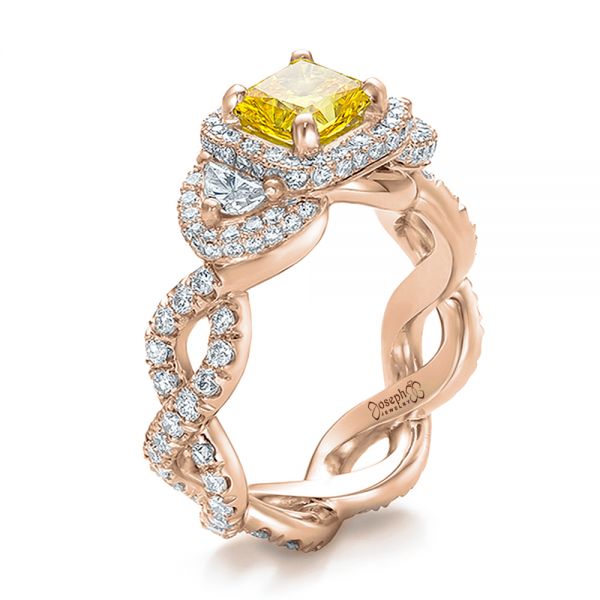 18k Rose Gold 18k Rose Gold Custom Yellow Diamond And Diamond Halo Engagement Ring - Three-Quarter View -  100633