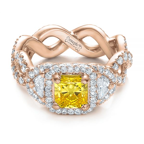 18k Rose Gold 18k Rose Gold Custom Yellow Diamond And Diamond Halo Engagement Ring - Flat View -  100633