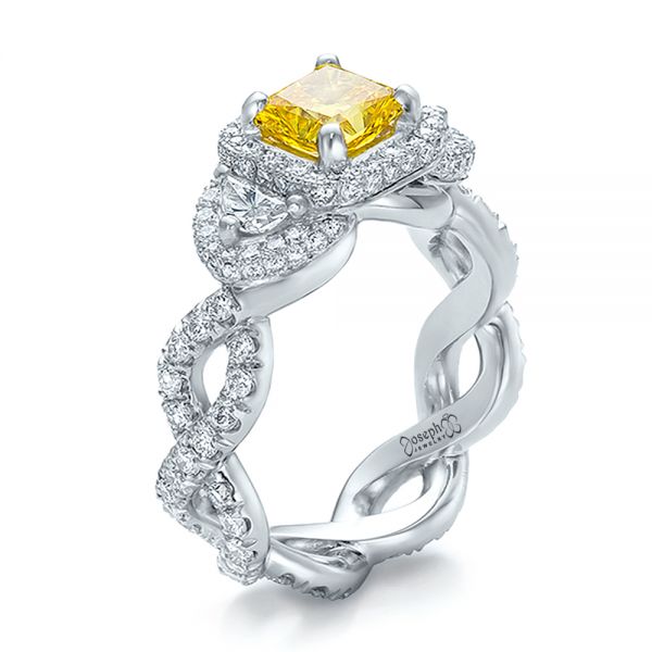 18k White Gold 18k White Gold Custom Yellow Diamond And Diamond Halo Engagement Ring - Three-Quarter View -  100633