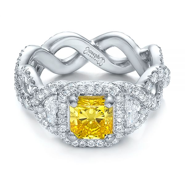  Platinum Custom Yellow Diamond And Diamond Halo Engagement Ring - Flat View -  100633