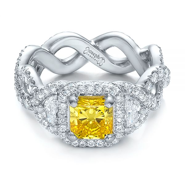 14k White Gold 14k White Gold Custom Yellow Diamond And Diamond Halo Engagement Ring - Flat View -  100633