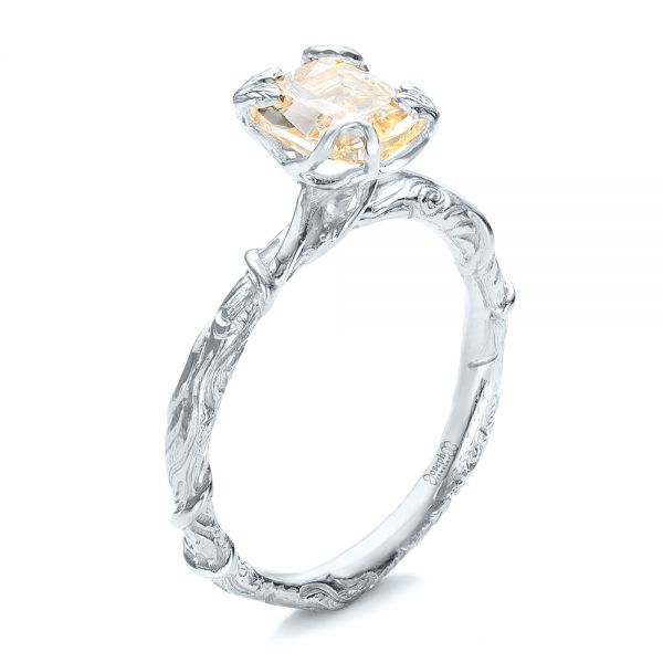 18k White Gold 18k White Gold Custom Yellow Diamond And Organic Vine Engagement Ring - Three-Quarter View -  101228