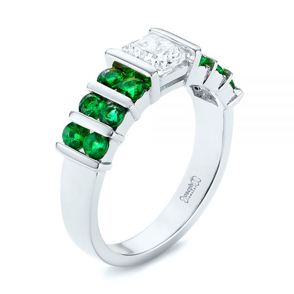 18k White Gold 18k White Gold Custom Emerald And Diamond Engagement Ring - Three-Quarter View -  103218