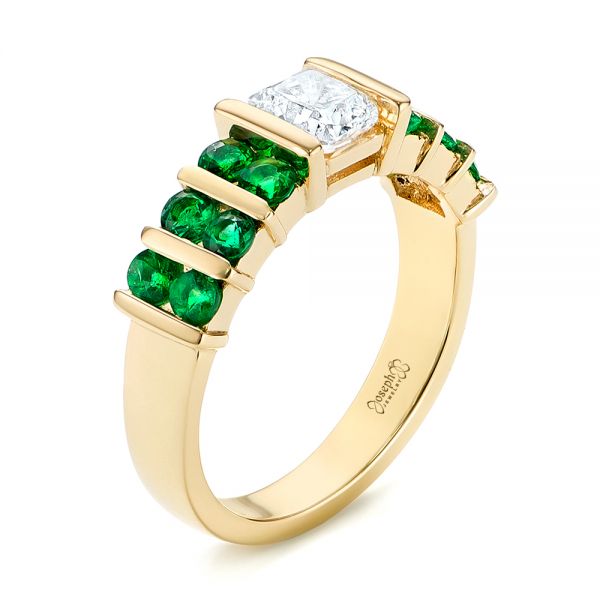 14k Yellow Gold Custom Emerald And Diamond Engagement Ring - Three-Quarter View - 103218