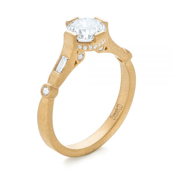 18k Yellow Gold Custom Sandblasted Diamond Engagement Ring - Three-Quarter View -  103379