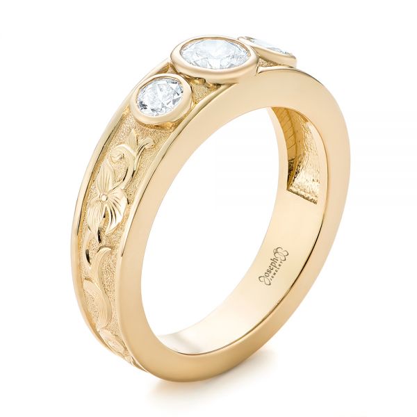 Custom Yellow Gold Three Stone Diamond Engagement Ring - Image