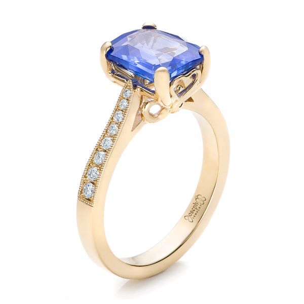 14k Yellow Gold Custom Blue Sapphire Engagement Ring - Three-Quarter View -  101388