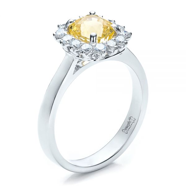 14k White Gold Custom Yellow Sapphire And Diamond Engagement Ring - Three-Quarter View -  100036