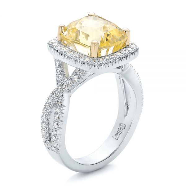 14k White Gold And 18K Gold 14k White Gold And 18K Gold Custom Yellow Sapphire And Diamond Halo Engagement Ring - Three-Quarter View -  100594