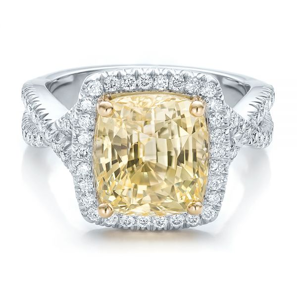 14k White Gold And 14K Gold Custom Yellow Sapphire And Diamond Halo Engagement Ring - Flat View - 100594