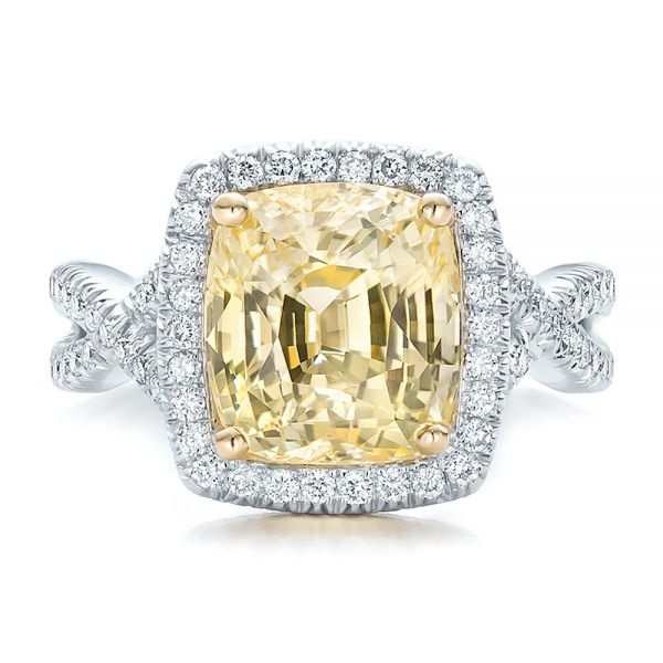 14k White Gold And 14K Gold Custom Yellow Sapphire And Diamond Halo Engagement Ring - Top View - 100594
