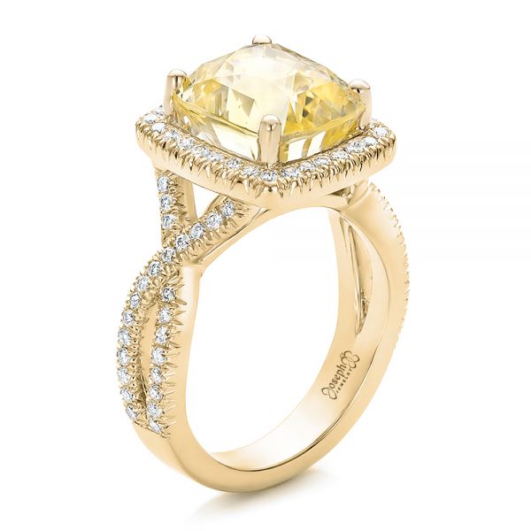 18k Yellow Gold And Platinum 18k Yellow Gold And Platinum Custom Yellow Sapphire And Diamond Halo Engagement Ring - Three-Quarter View - 100594