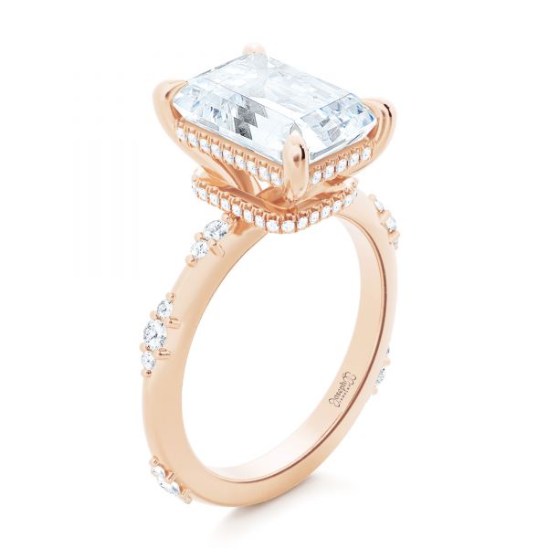 18k Rose Gold 18k Rose Gold Dainty Double Halo Engagement Ring - Three-Quarter View -  107305