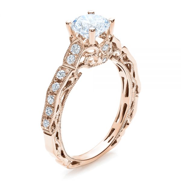 18k Rose Gold 18k Rose Gold Diamond Filigree Engagement Ring - Vanna K - Three-Quarter View -  100106
