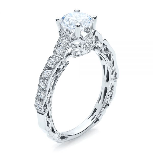 18k White Gold Diamond Filigree Engagement Ring - Vanna K - Three-Quarter View -  100106