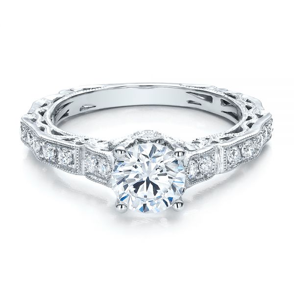 18k White Gold Diamond Filigree Engagement Ring - Vanna K - Flat View -  100106