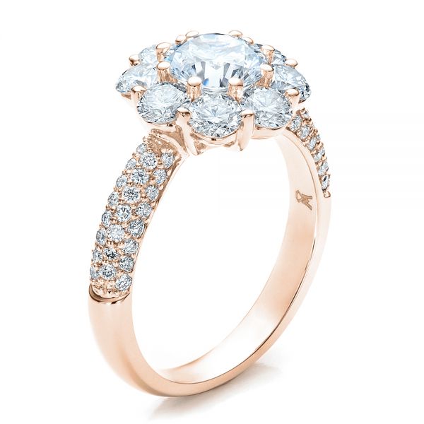 18k Rose Gold 18k Rose Gold Diamond Halo Engagement Ring - Three-Quarter View -  100007