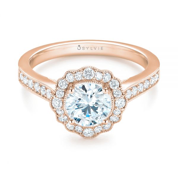 18k Rose Gold 18k Rose Gold Diamond Halo Engagement Ring - Flat View -  103904