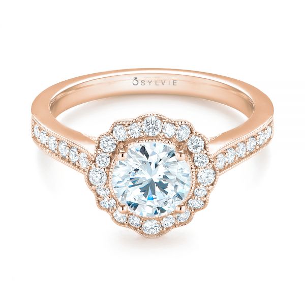 18k Rose Gold 18k Rose Gold Diamond Halo Engagement Ring - Flat View - 103904