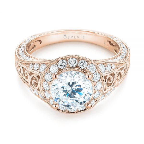 18k Rose Gold 18k Rose Gold Diamond Halo Engagement Ring - Flat View -  103910