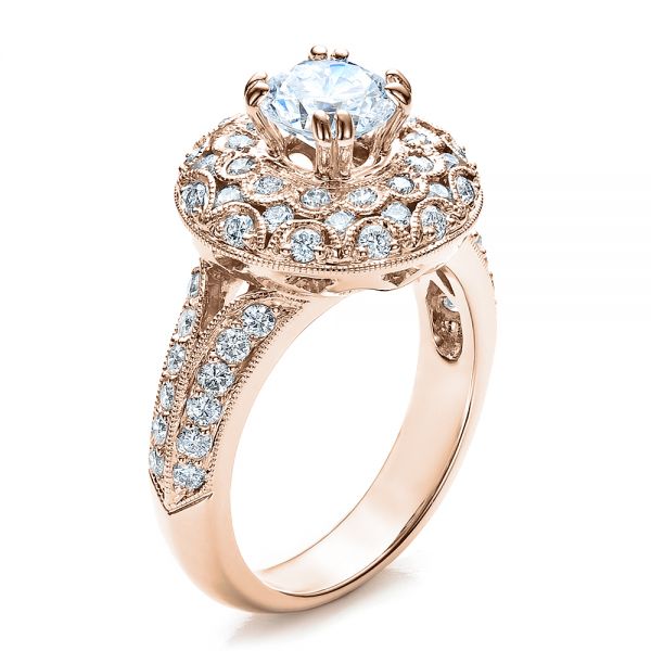 18k Rose Gold 18k Rose Gold Diamond Halo Engagement Ring - Vanna K - Three-Quarter View -  100044