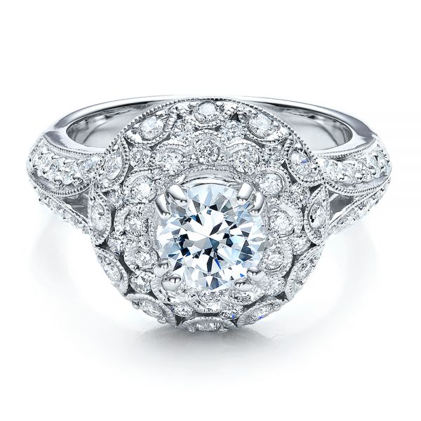 18k White Gold Diamond Halo Engagement Ring - Vanna K - Flat View -  100044