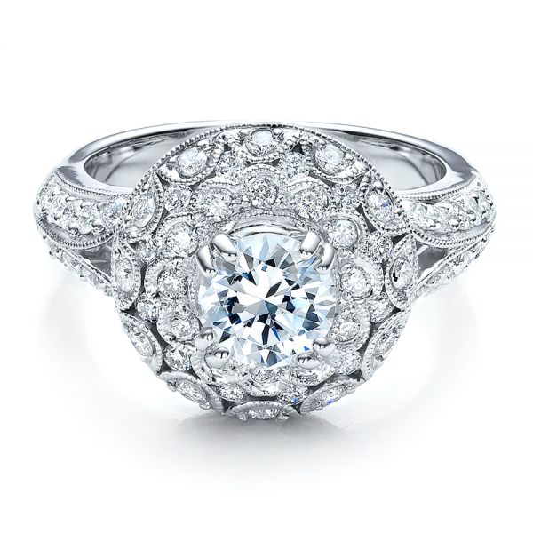 18k White Gold Diamond Halo Engagement Ring - Vanna K - Flat View - 100044
