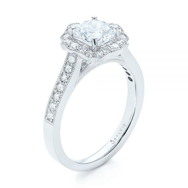 18k White Gold Diamond Halo Engagement Ring - Three-Quarter View -  103904