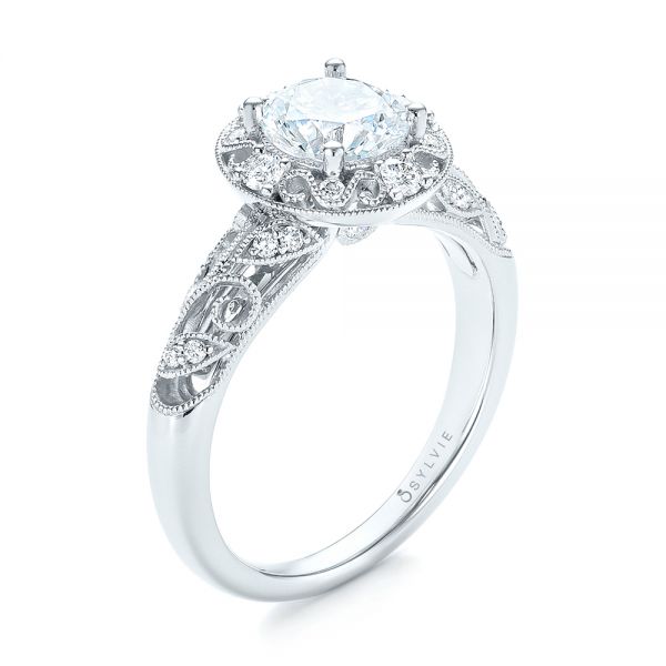 18k White Gold Diamond Halo Engagement Ring - Three-Quarter View -  103906