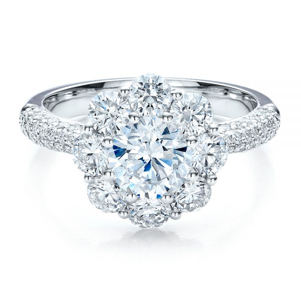 18k White Gold Diamond Halo Engagement Ring - Flat View -  100007