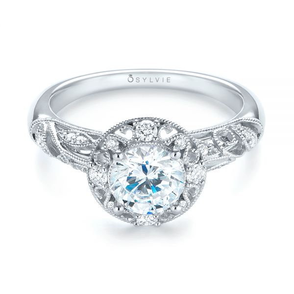 18k White Gold Diamond Halo Engagement Ring - Flat View -  103906