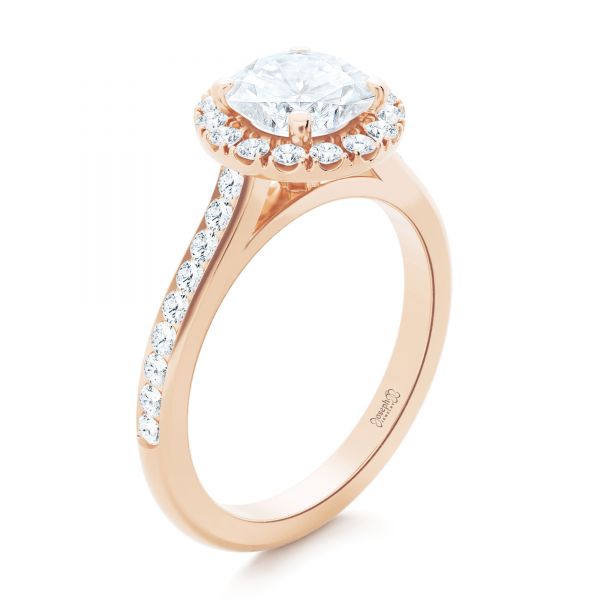 14k Rose Gold 14k Rose Gold Diamond Halo Engagement Ring With Channel Set Accents - Three-Quarter View -  107186