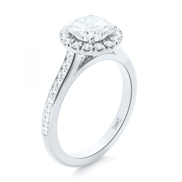 18k White Gold 18k White Gold Diamond Halo Engagement Ring With Channel Set Accents - Three-Quarter View -  107186