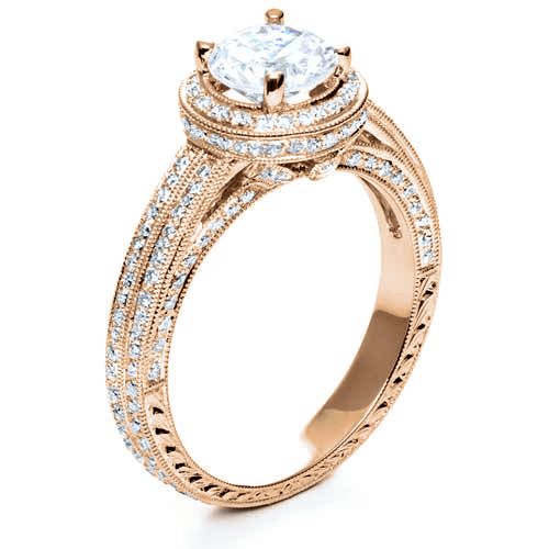 18k Rose Gold 18k Rose Gold Diamond Halo Hand Engraved Engagement Ring - Three-Quarter View -  210