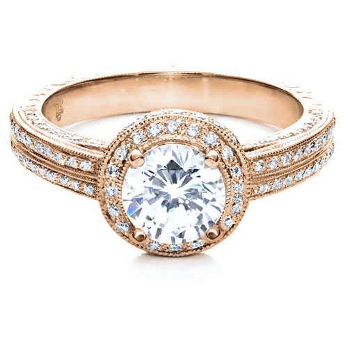 18k Rose Gold 18k Rose Gold Diamond Halo Hand Engraved Engagement Ring - Flat View -  210