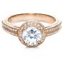 18k Rose Gold 18k Rose Gold Diamond Halo Hand Engraved Engagement Ring - Flat View -  210 - Thumbnail