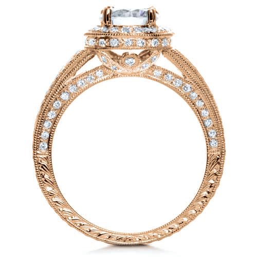 18k Rose Gold 18k Rose Gold Diamond Halo Hand Engraved Engagement Ring - Front View -  210