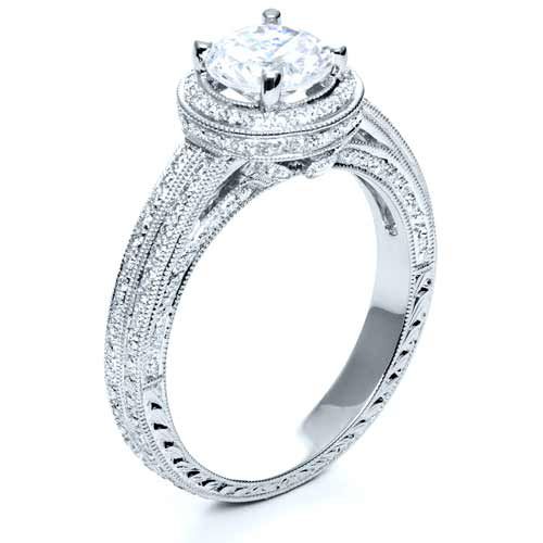18k White Gold Diamond Halo Hand Engraved Engagement Ring - Three-Quarter View -  210
