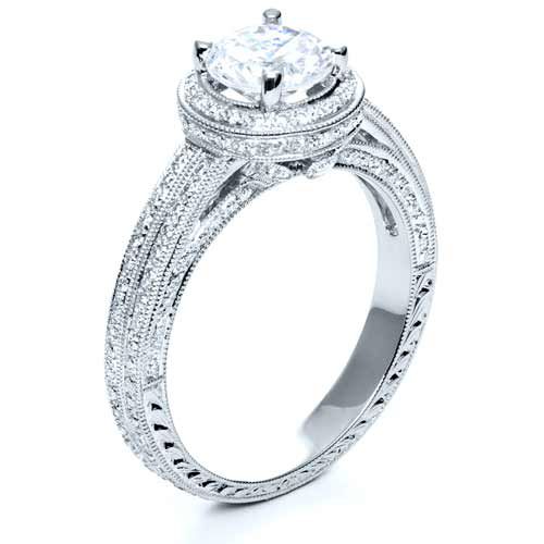 18k White Gold Diamond Halo Hand Engraved Engagement Ring - Three-Quarter View - 210