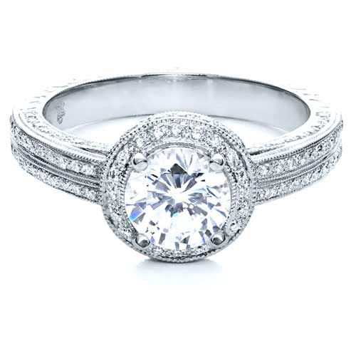 18k White Gold Diamond Halo Hand Engraved Engagement Ring - Flat View -  210