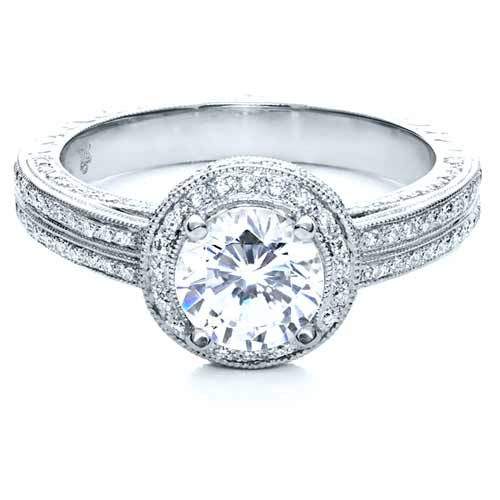 18k White Gold Diamond Halo Hand Engraved Engagement Ring - Flat View - 210